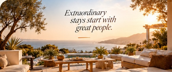 Terrace at golden hour with the line “Extraordinary stays start with great people.”